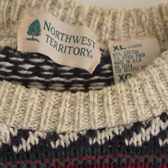 Vintage Northwest Territory Sweater Nordic Stripe Cabin Knit Beige Green XL - Picture 8 of 9